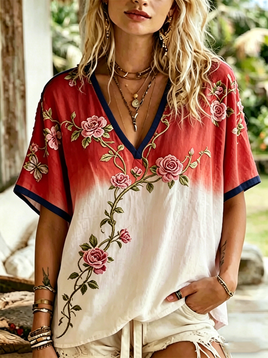 Women's Floral Print linen short-sleeved T-shirt