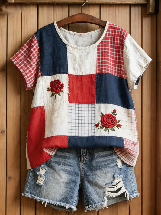 Women's Floral Print linen short-sleeved T-shirt
