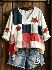 Women's Floral Print Mid-length Sleeves V-Neck T-Shirt
