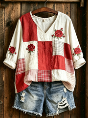 Women's Floral Print Mid-length Sleeves V-Neck T-Shirt