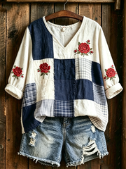 Women's Floral Print Mid-length Sleeves V-Neck T-Shirt
