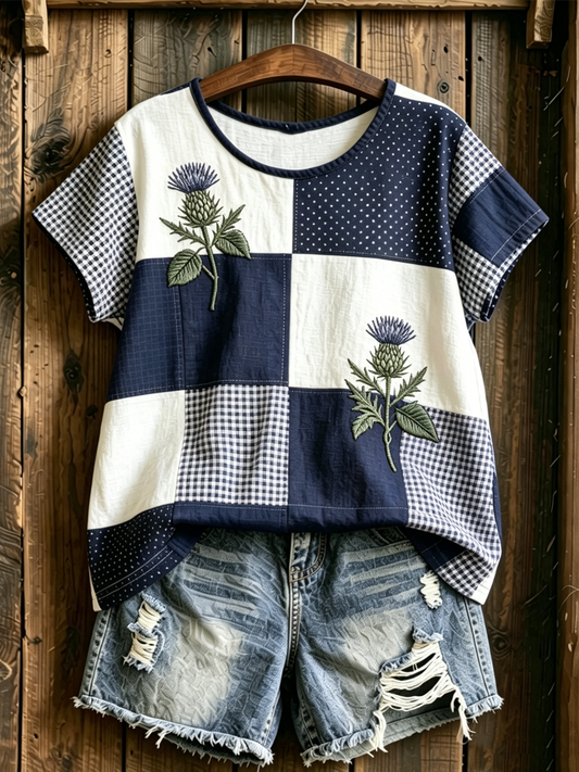 Women's Scottish Thistle Print linen short-sleeved T-shirt