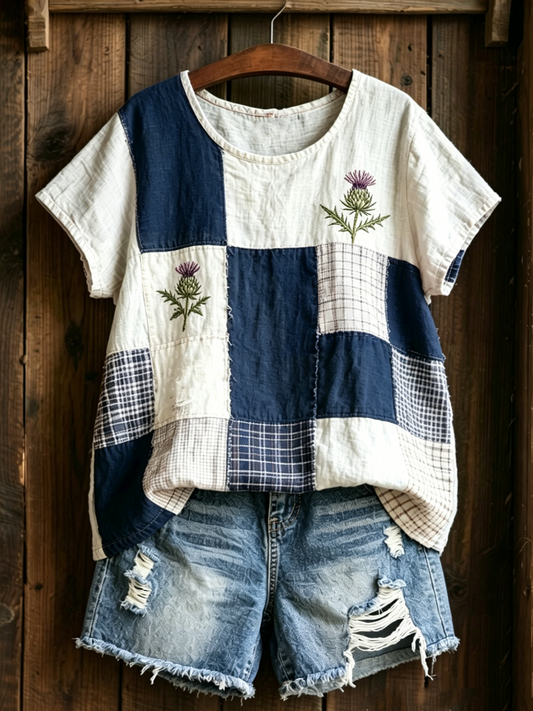 Women's Scottish Thistle Print linen short-sleeved T-shirt