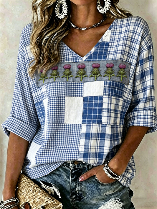 Women's Scottish Thistle Print Mid-length Sleeves V-Neck T-Shirt