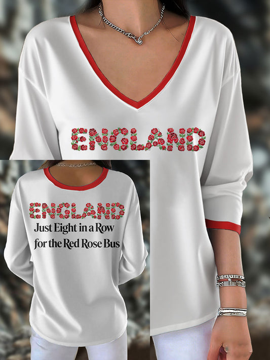 Women's England Rugby Lover Roses Art Printed T-Shirt