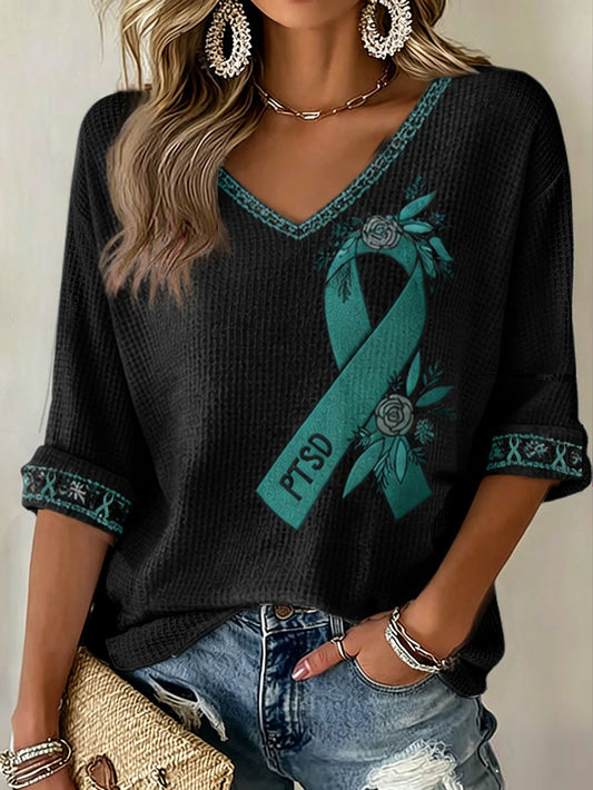 Women's PTSD Awareness Veteran Printed Waffle T-shirt