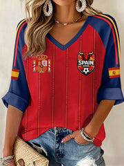 Women's Gift For Spain Soccer Fans Print Casual V-Neck Long-Sleeve T-Shirt