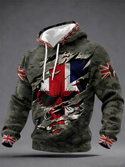 Men's UK Flag Veteran Skull Camouflage Print Casual Waffle Hoodie
