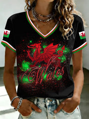 Women's Welsh Dragon Printed V-neck T-shirt