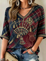 Women's UK Football Lover Scotland Printed Mid-length Sleeves V-Neck T-Shirt