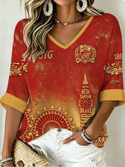 Women's RED CITY FOREVER Printed Mid-length Sleeves V-Neck T-Shirt