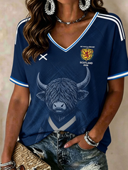 Women's Scotland Printed V-neck off-shoulder short-sleeved T-shirt