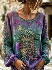 Women's retro Scottish Thistle flower and dragonfly pattern printed cotton and linen shirt
