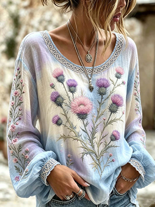 Women's retro Scottish Thistle flower pattern printed cotton and linen shirt