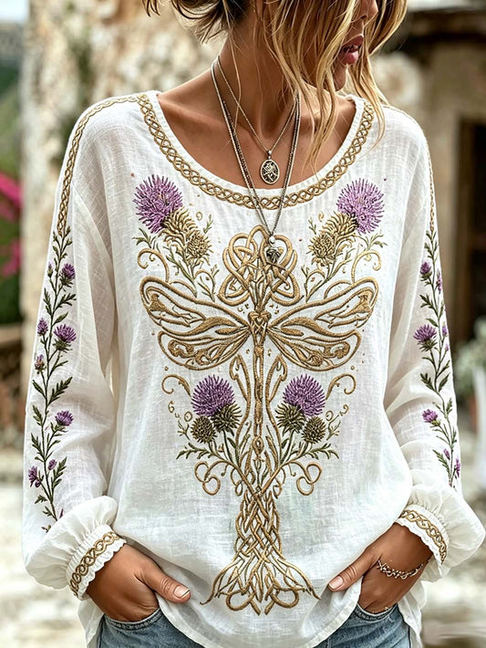 Women's retro Scottish Thistle flower and dragonfly pattern printed cotton and linen shirt