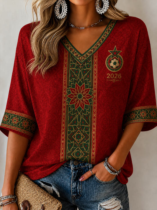 Women's MOROCCO Printed Mid-length Sleeves V-Neck T-Shirt