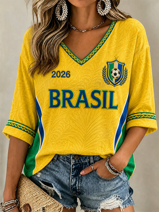 Women's Gift For Football Fans Print Casual Half-Sleeves V-Neck T-Shirt