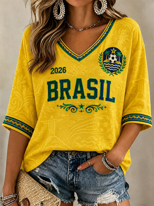 Women's Gift For Football Fans Print Casual Half-Sleeves V-Neck T-Shirt