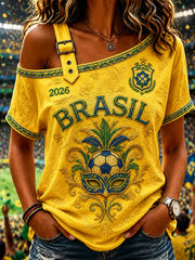 Women's Brazil Football Fan Gift  Off-the-Shoulder Short-Sleeve T-Shirt