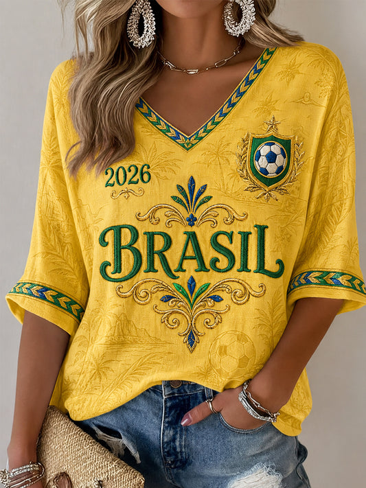 Women's Gift For Football Fans Print Casual Half-Sleeves V-Neck T-Shirt