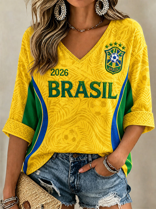 Women's Gift For Football Fans Print Casual Half-Sleeves V-Neck T-Shirt