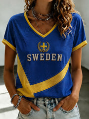 Women's Swedish Football Printed V-neck T-shirt
