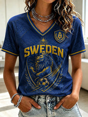 Women's Sweden Football Printed V-neck T-shirt