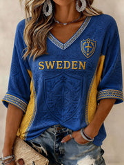 Women's Sweden Football Printed Mid-length Sleeves V-Neck T-Shirt