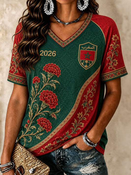 Women's 2026 Morocco Soccer V-Neck T-Shirts