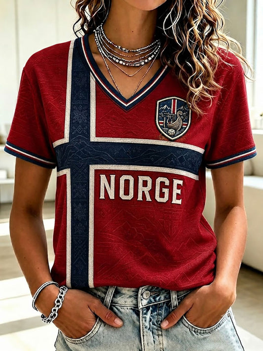 Women's Norge Football Printed V-neck T-shirt