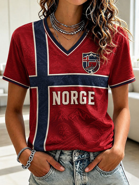 Women's Norge Football Printed V-neck T-shirt