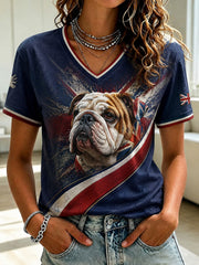 Women's British Bulldog Printed V-neck T-shirt