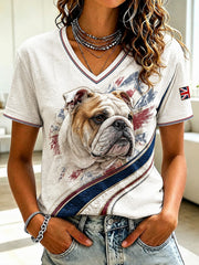 Women's British Bulldog Printed V-neck T-shirt
