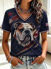 Women's British Bulldog Printed V-neck T-shirt