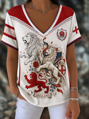 Women's England Football Lover Lions Roses Art Printed T-shirt