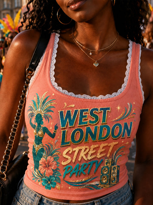 Women's Caribbean Carnival Print Lace Trim Tank Top