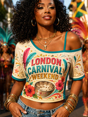 Women's Caribbean Carnival Print Off Shoulder Crop Top