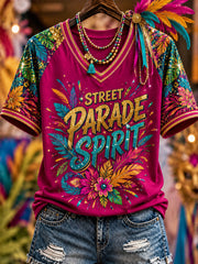 Women's Caribbean Carnival Print Casual V-Neck Tee