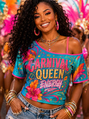 Women's Caribbean Carnival Print Off Shoulder Crop Top