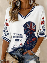 Women's WE WILL REMEMBER THEM Printed Mid-length Sleeves V-neck T-shirt